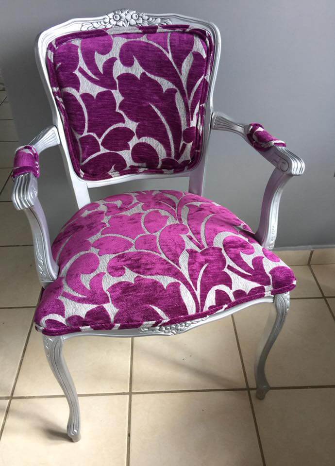 victorian arm chair redo with silver paint and purple print fabric