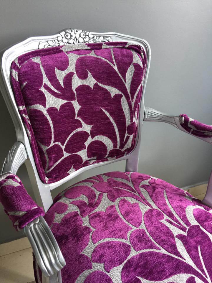 purplish and gray print fabric on a small victorian arm chair