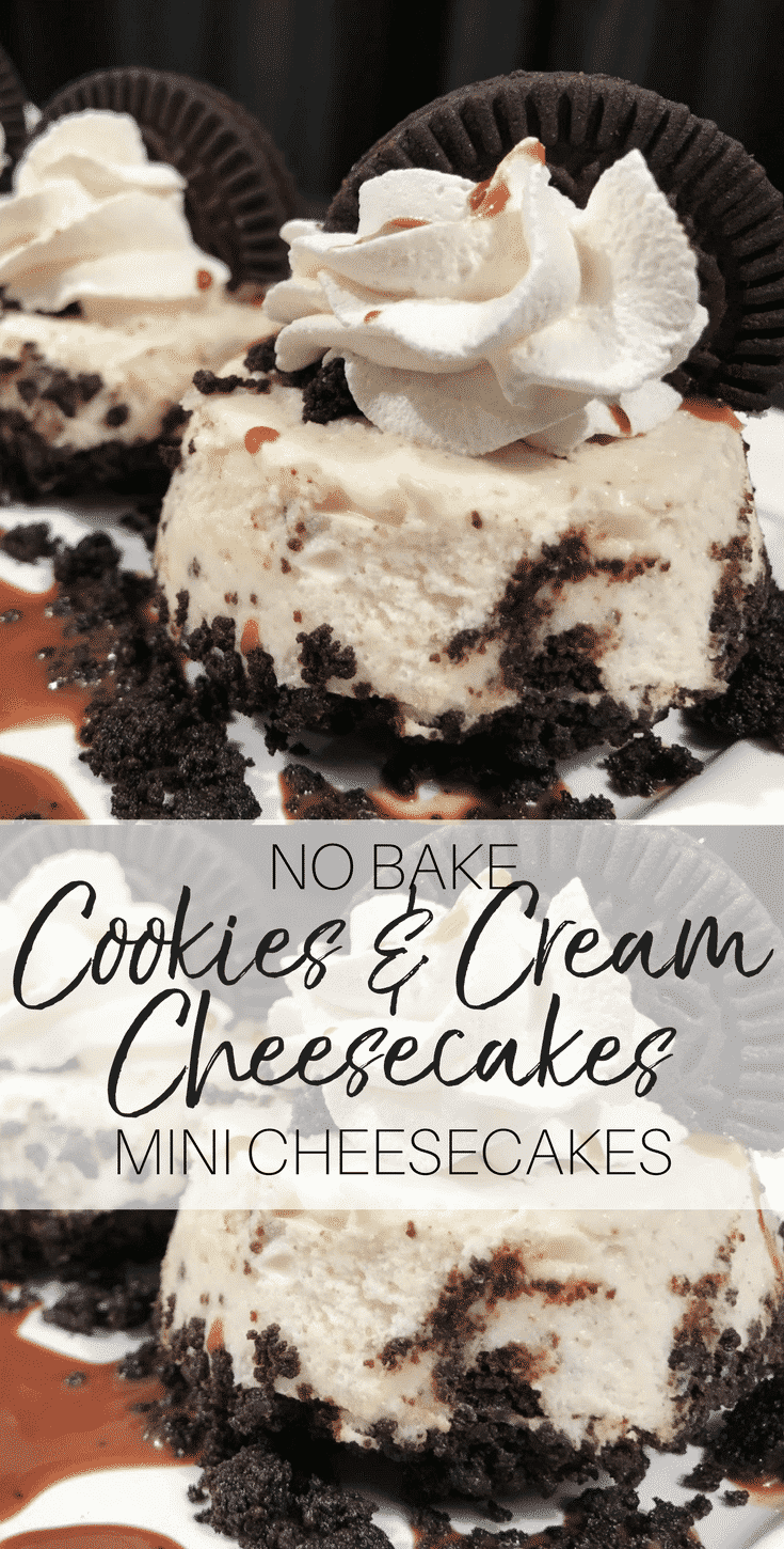 Pinterest graphic showing miniature cookies and cream cheesecakes