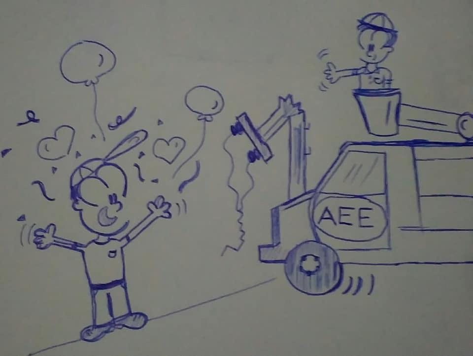 caricatura alegre celebrando ver un camión de energía eléctrica