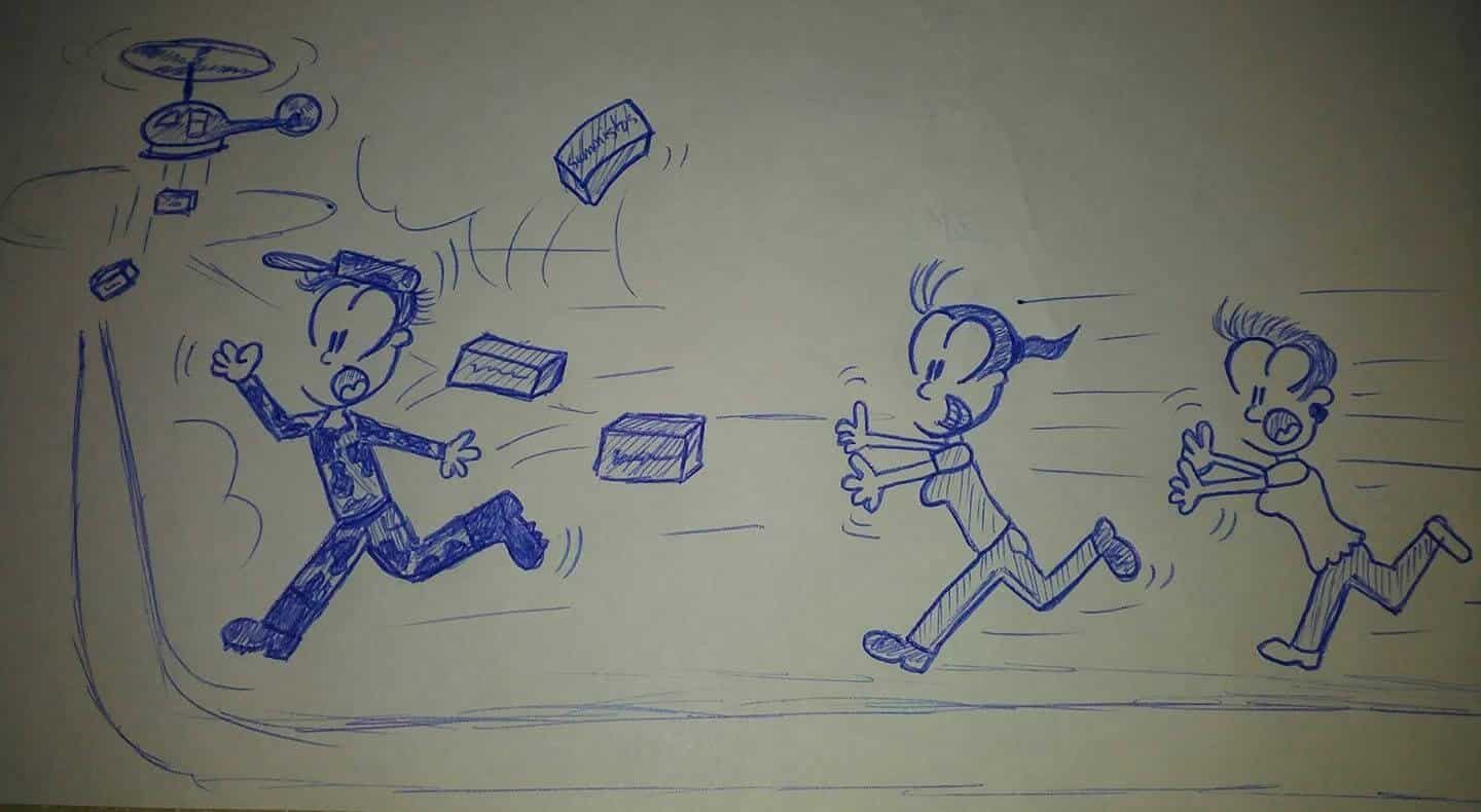 caricaturas corriendo detrás de cajas lanzadas por un helicóptero