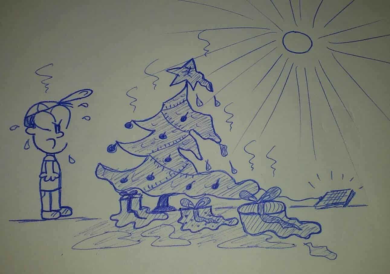 caricatura frente a un árbol de navidad bajo el sol