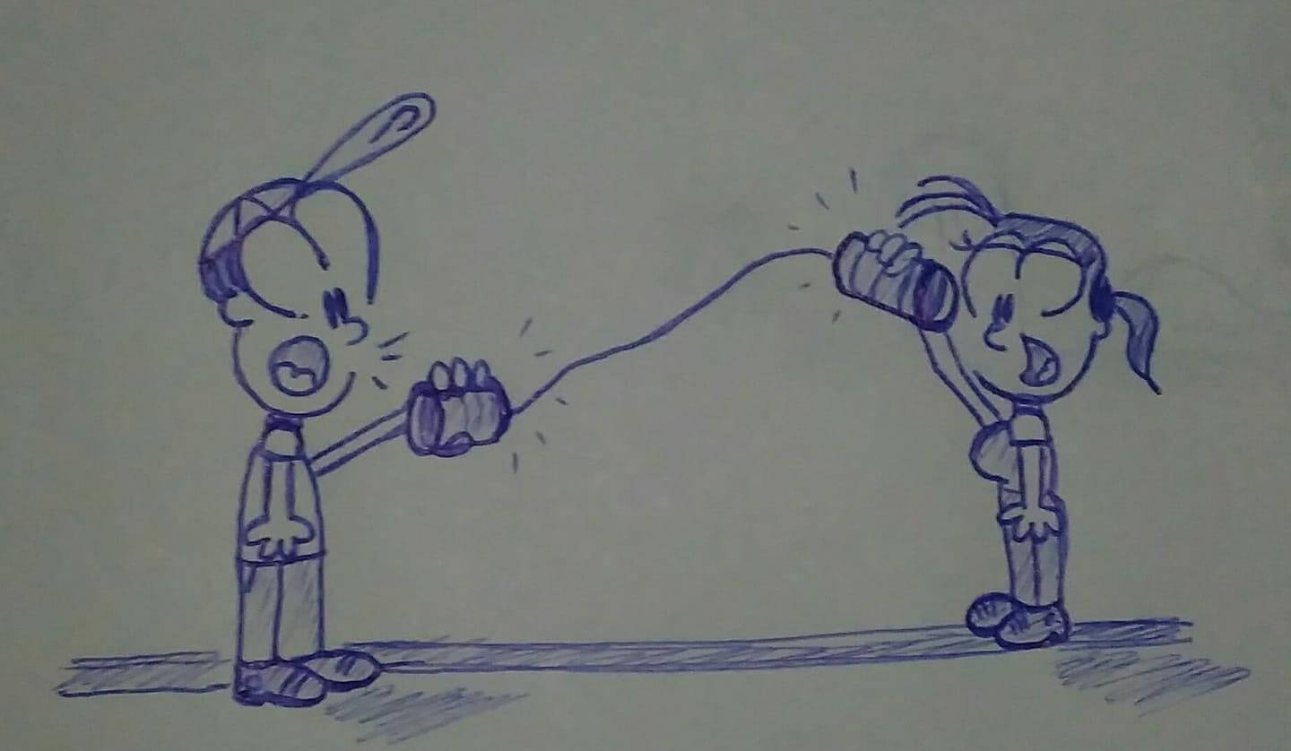 caricatura mostrando dos muñecos hablándose con dos latas unidas por un cordón.