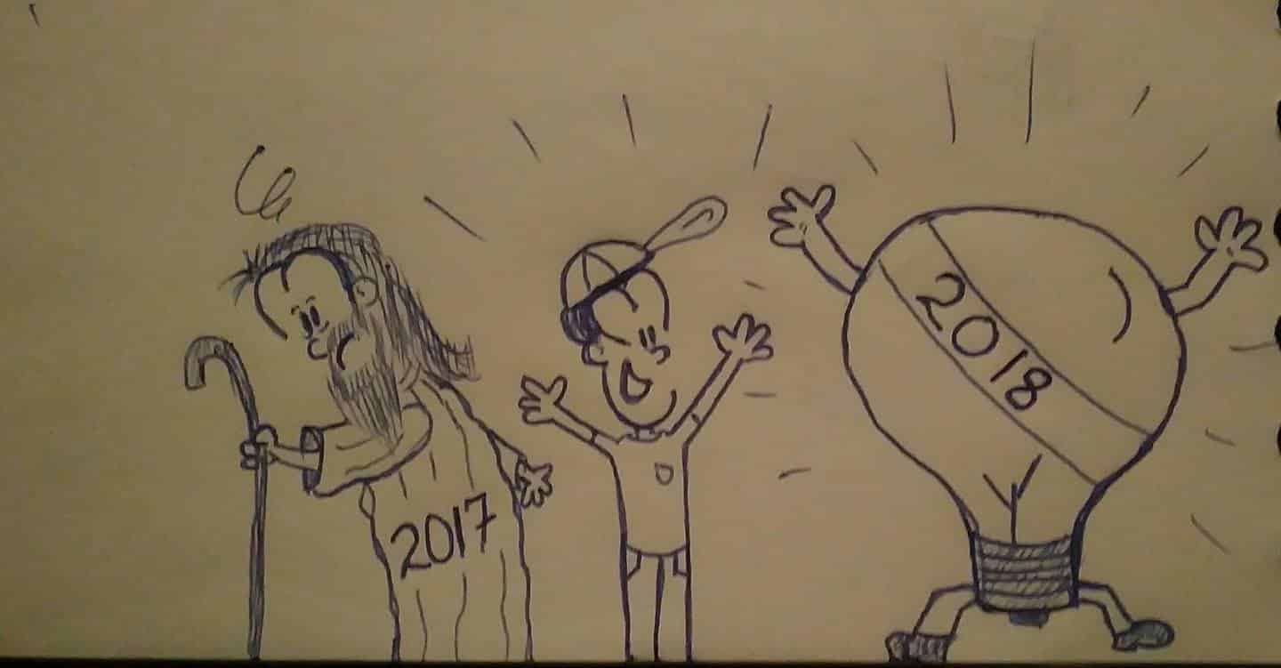 personajes de año nuevo y año viejo con una imagen de una bombilla