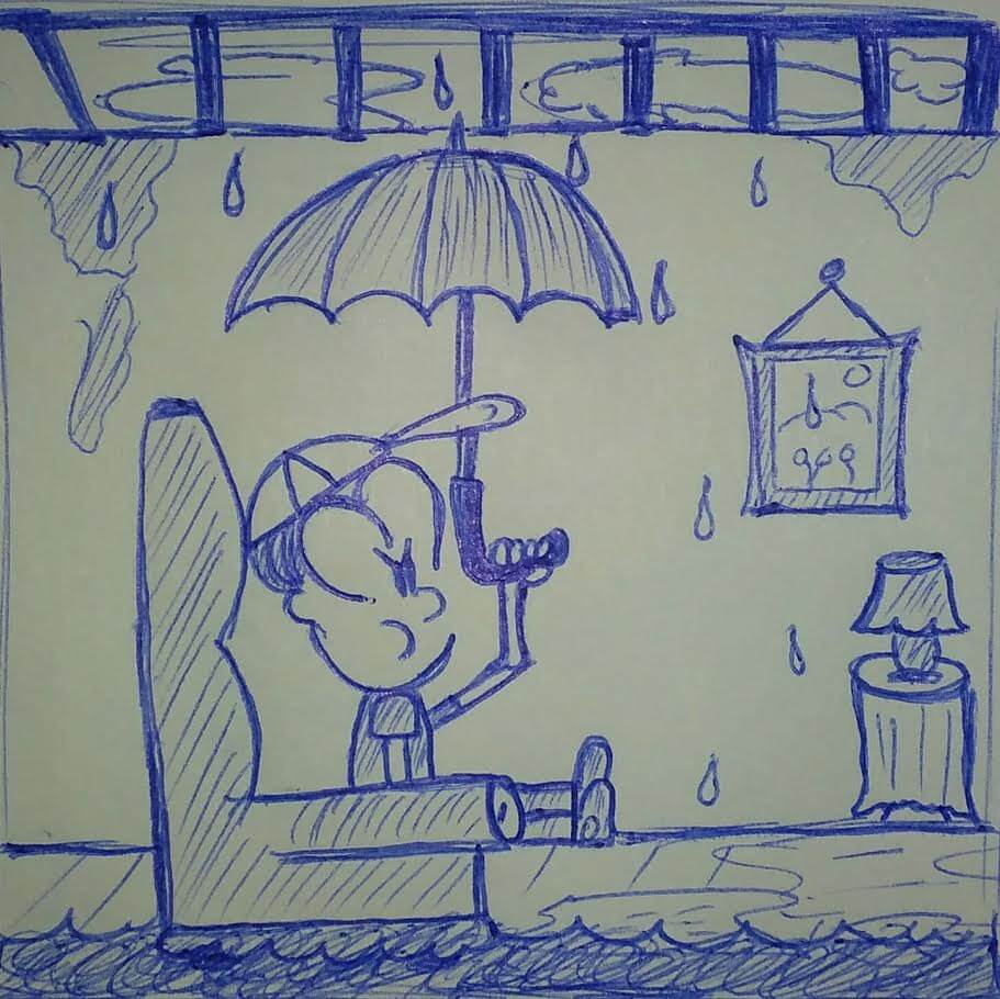 caricatura dentro de una casa mojándose con la lluvia