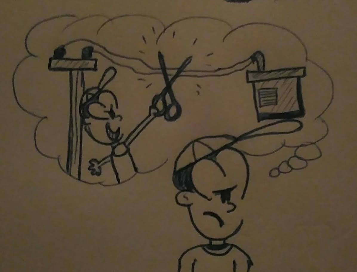 caricatura con burbuja de pensamiento cortando un cable