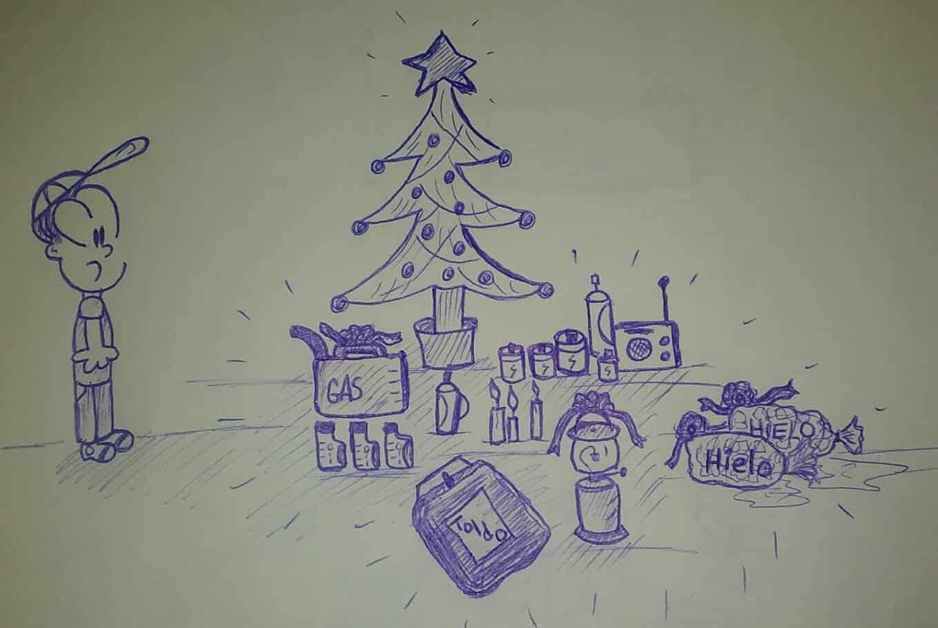 caricatura frente a un árbol de navidad y regalos