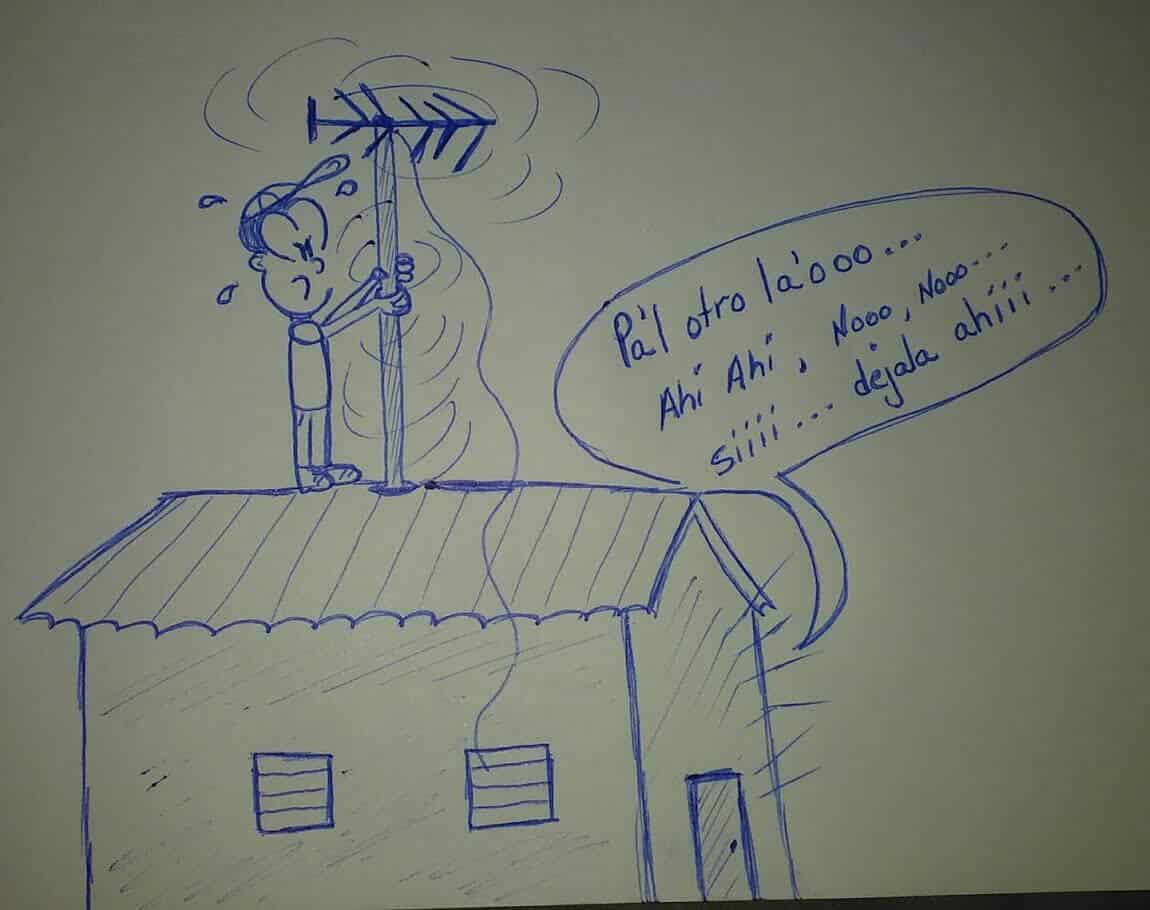 caricatura en el techo de una casa rotando una antena