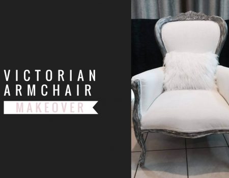 graphic art showing a white and gray victorian armchair makeover