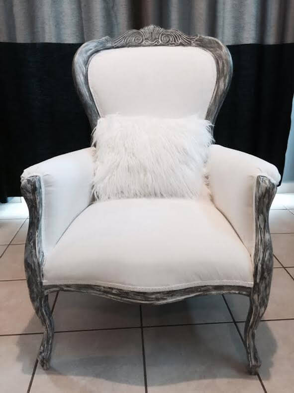 beautiful victorian arm chair reupholstered in white and gray