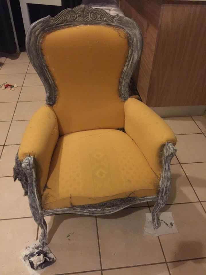 victorian arm chair painted in white and gray