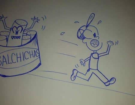 caricatura huyendo de una lata de salchichas