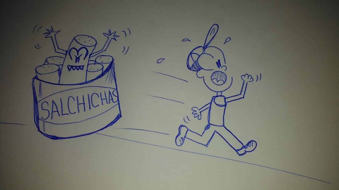 caricatura huyendo de una lata de salchichas