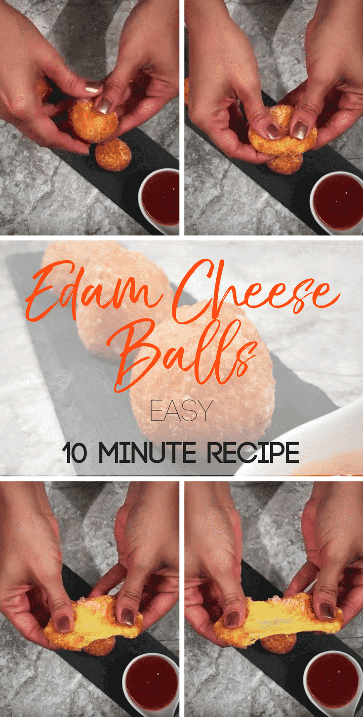 hands holding cheese balls for an edam fried cheese balls recipe and breaking them apart. String of cheese seen.