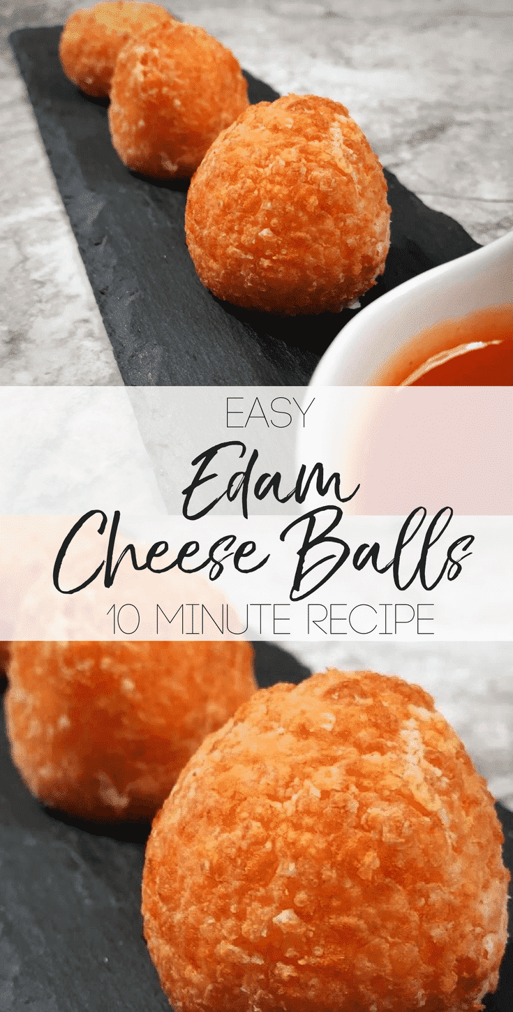 Pinteresst graphic showing fried cheeseballs