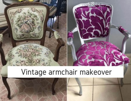 graphic with two chairs showing a before and after of how to reupholster vintage chair. In one of the images the chair is brown and has an old, flower printed fabric and in the other picture the chair is silver and has a purple and gray fabric.