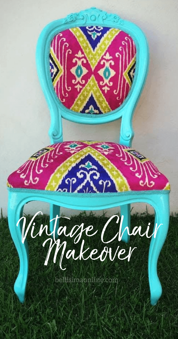 blue vintage chair with colorful fabric