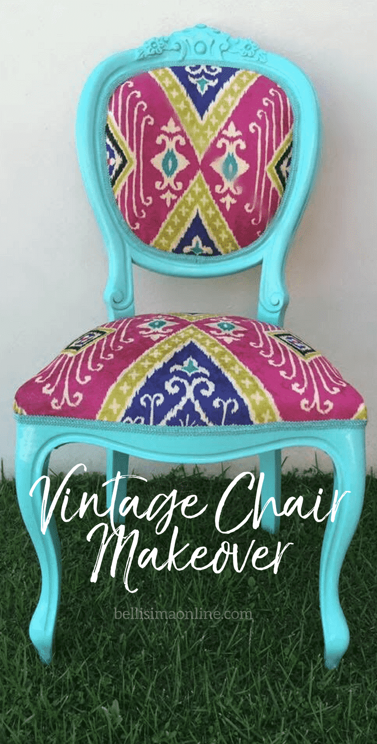 pinterest graphic showing a vintage chair makeover transformed into a blue, colorful chair