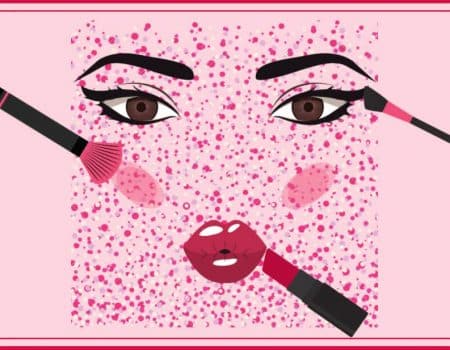 pink illustration of makeup application on a face for a fan del maquillaje article