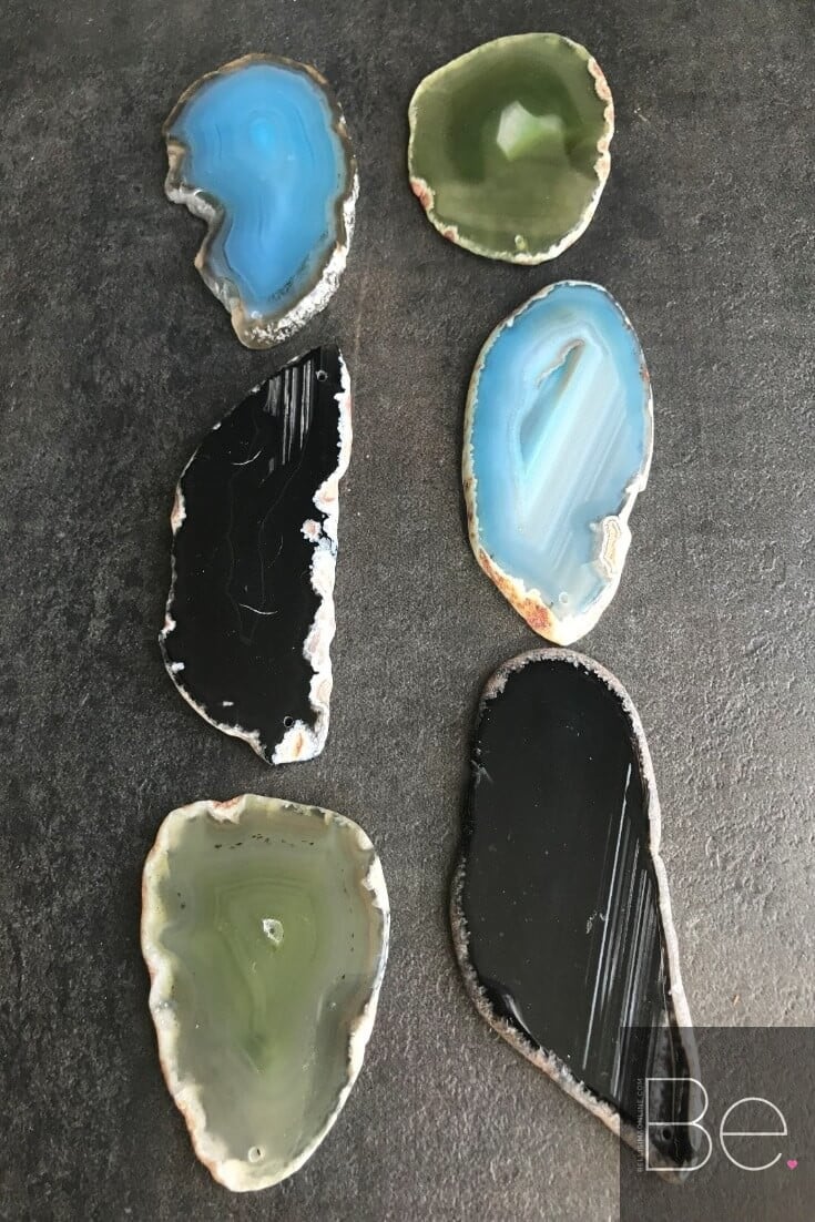 six agate slices in green, black and blue