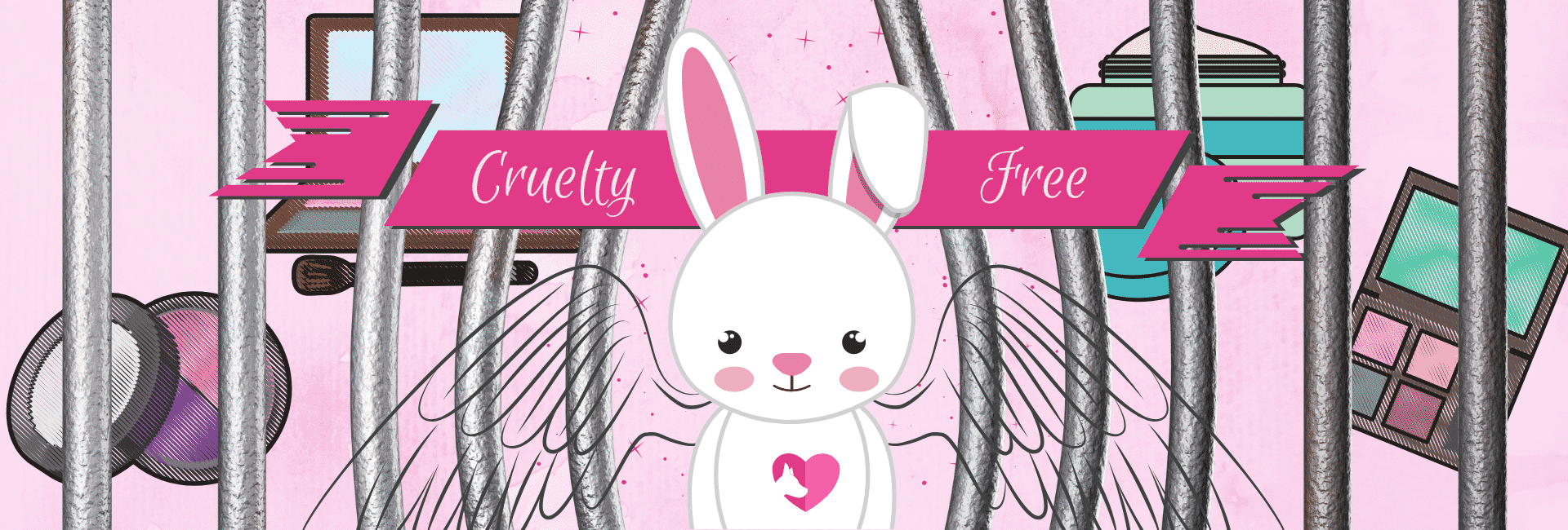 pink graphic showing a cute white bunny that has angel wings looking super sad. The bunny is behind bars. The illustration shows makeup products by the bunny and is part of the illustrations for an article about makeup brands that don't test on animals.