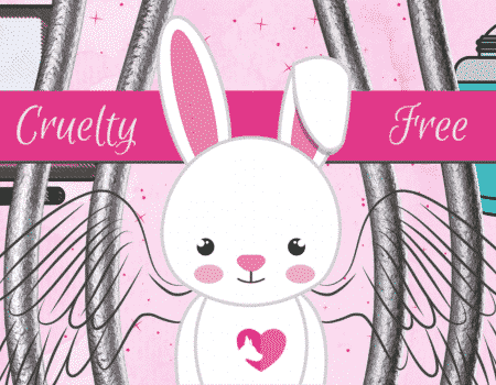 pink graphic showing a cute white bunny that has angel wings looking super sad. The bunny is behind bars.  The illustration shows makeup products by the bunny and is part of the illustrations for an article about makeup brands that don't test on animals.