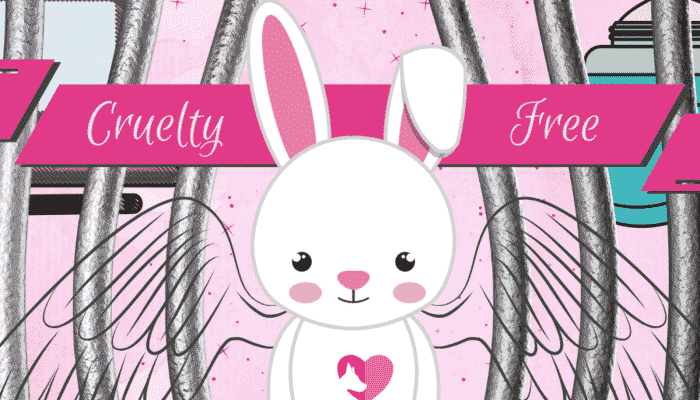 pink graphic showing a cute white bunny that has angel wings looking super sad. The bunny is behind bars.  The illustration shows makeup products by the bunny and is part of the illustrations for an article about makeup brands that don't test on animals.
